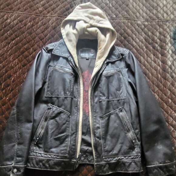 Vintage GUESS Mens Brown Leather Jacket (M) w/attached Hoodie - Picture 1 of 6